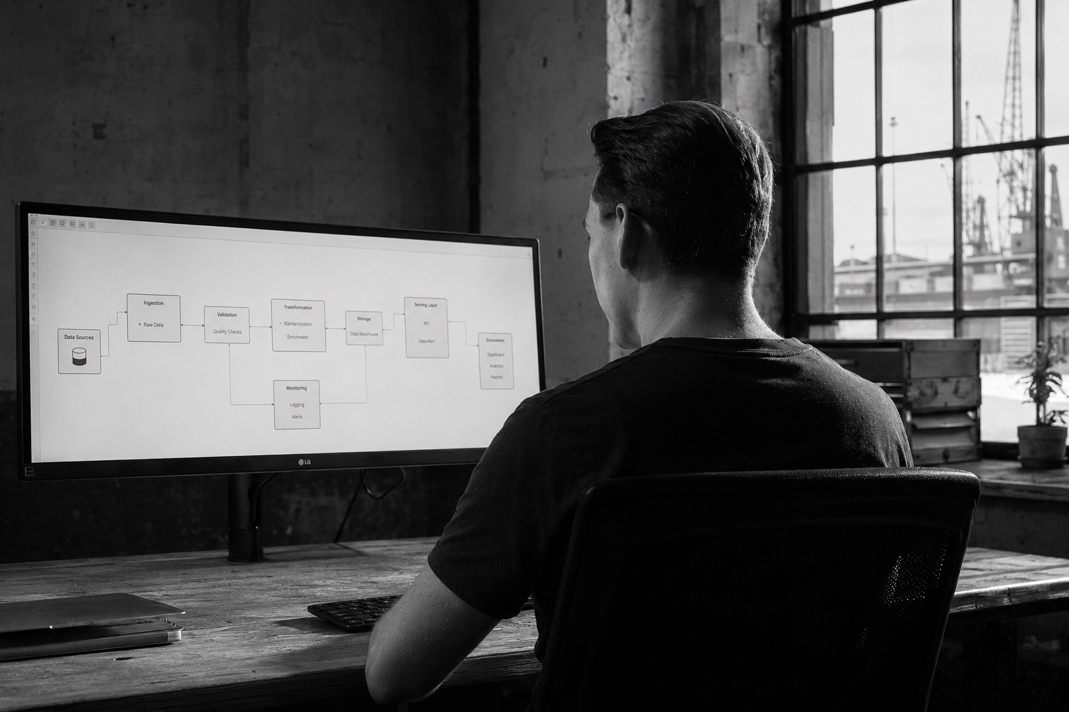 Robin meekijkend op een scherm met een workflow erop