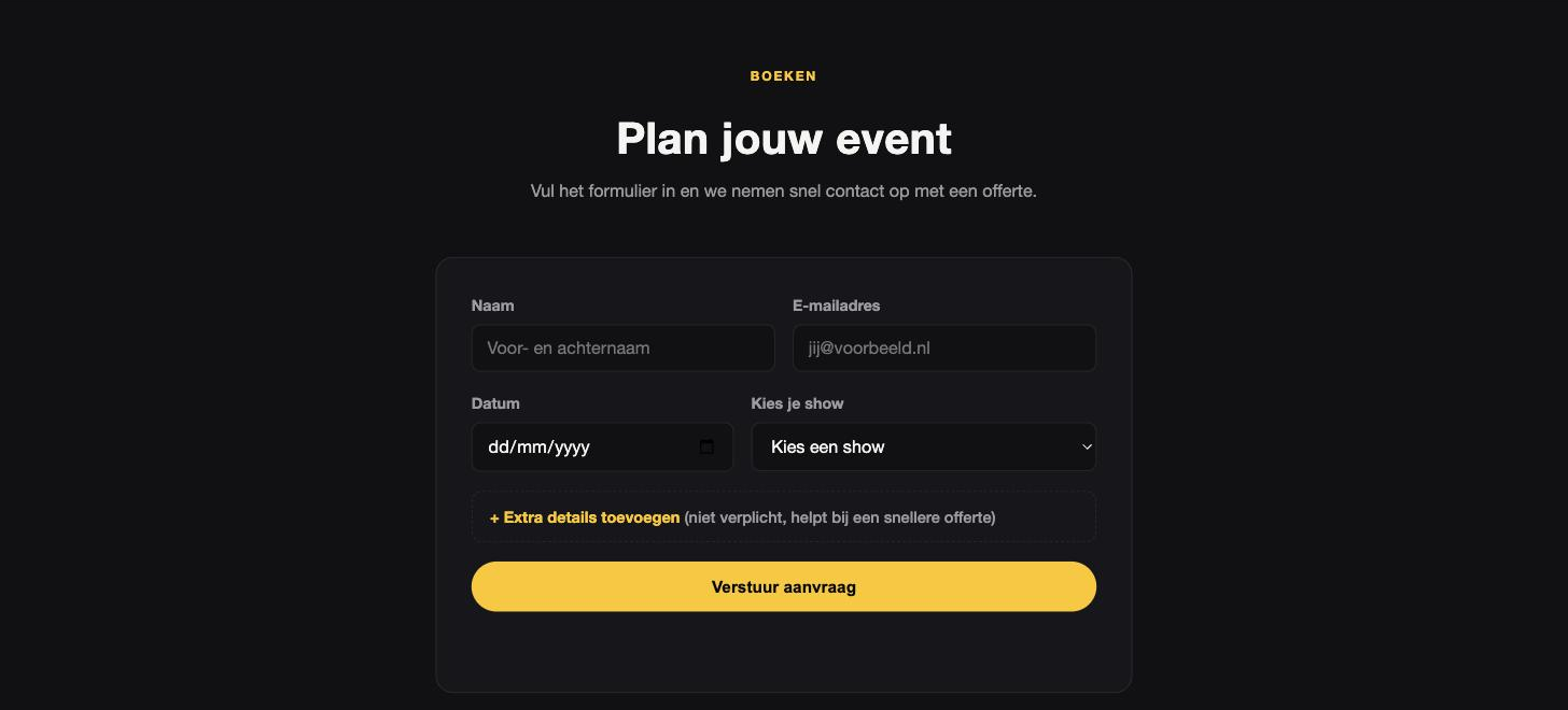 Boekingsformulier op sparcevents.nl: naam, e-mailadres, datum en gewenste show